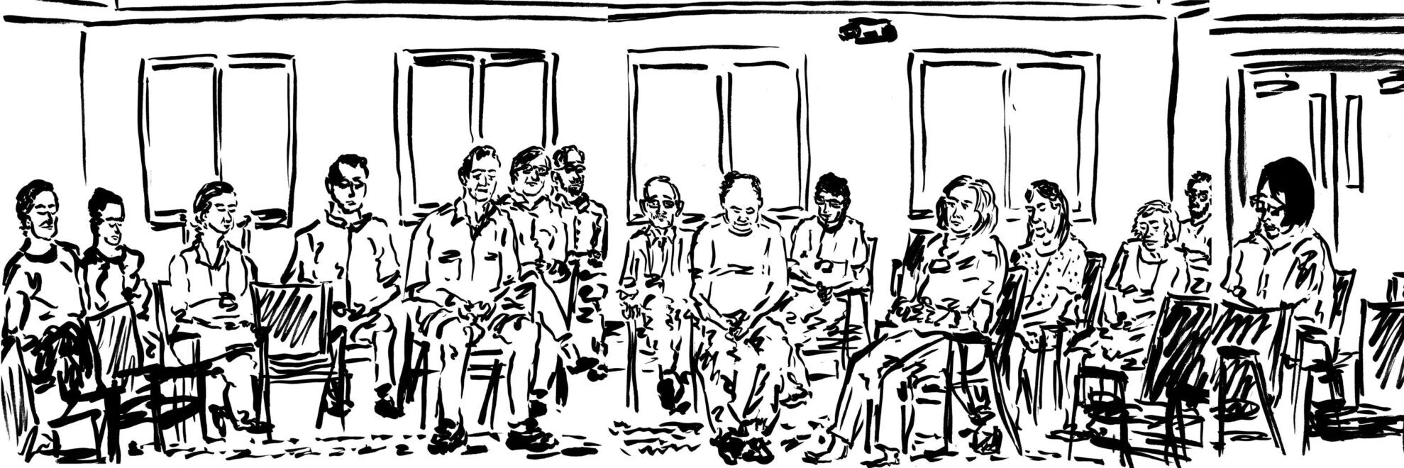 An illustration of Friends gathered for Quaker Meeting for Worship.