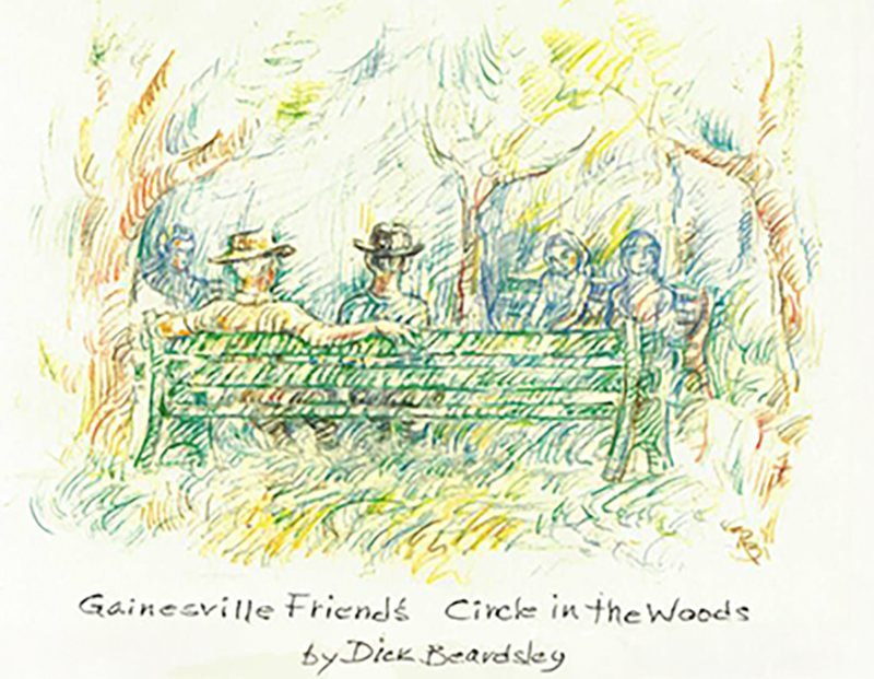 Friends gathered in the woods for a Meeting for Worship in Nature